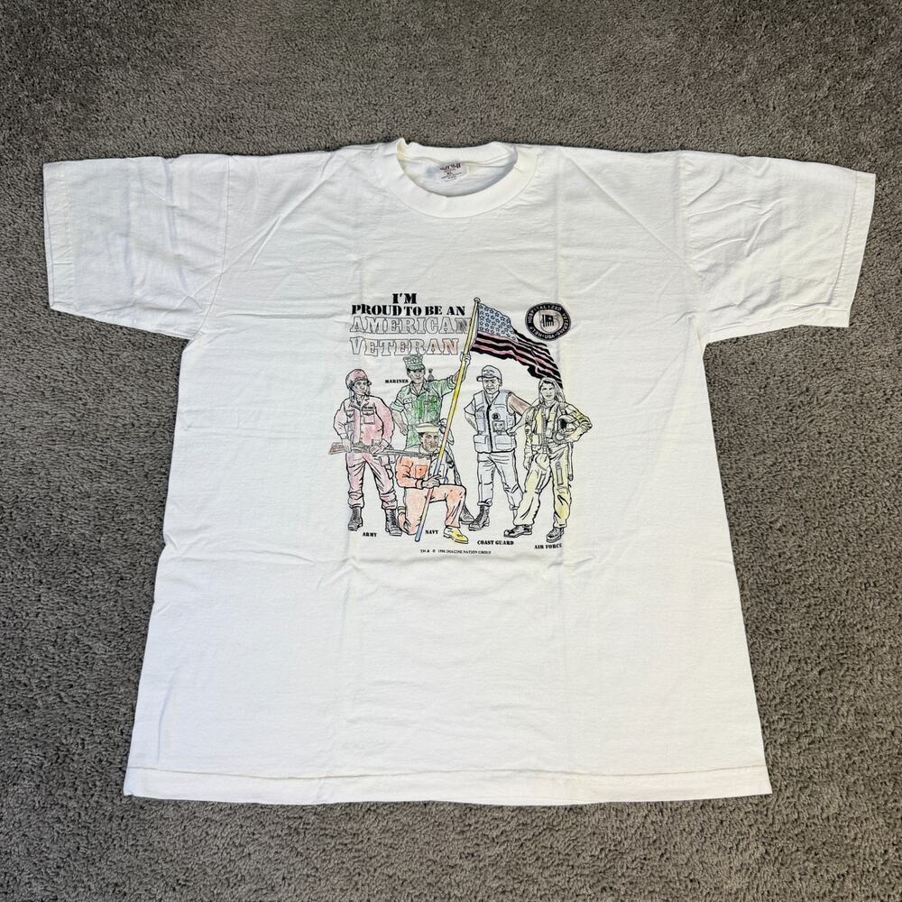 VINTAGE American Veteran Shirt Mens XL White Proud To be An American Military